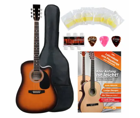 Professionale Classic Cantabile Chitarra Acustica Western con Pickup Starter-Set incl. Set Accessori 5 Pezzi Sunburst