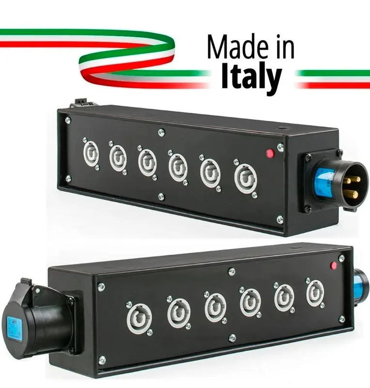 POWER-BOX NERO CIABATTA ALIMENTAZIONE PALCO POWERCON MADE IN ITALY SPIA RETE INGRESSO 16A 3P USCITE 6 20AMP POWER-OUT GREY 16A LOOP OUT Esclusivo