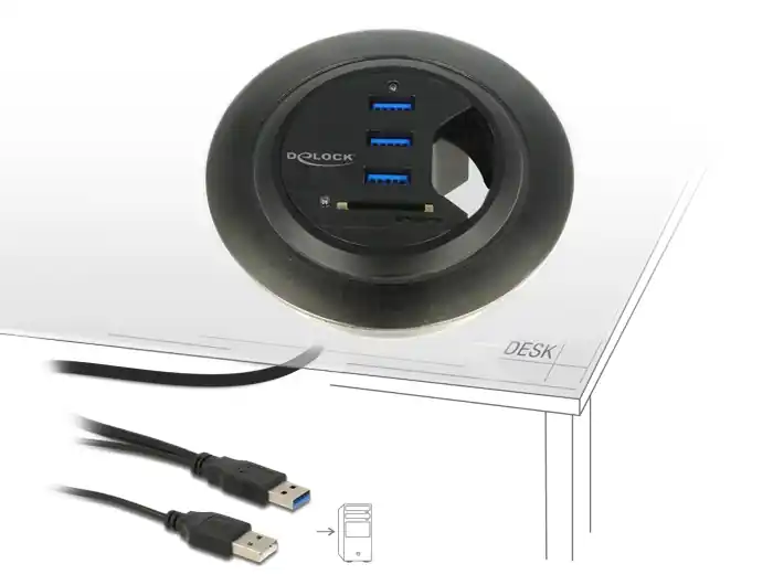 Offerta Lampo Hub USB 3.0 3 porte + 2 slot SD MicroSD In-Desk Diametro 6 e 8 cm