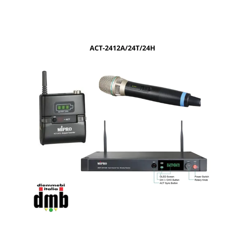 Nuova Collezione MIPRO - ACT-2412A/24T/24H - Ricevitore doppio ACT 12 canali + 1 Trasmettitore con impugnatura + 1 Trasmettitore belt pack